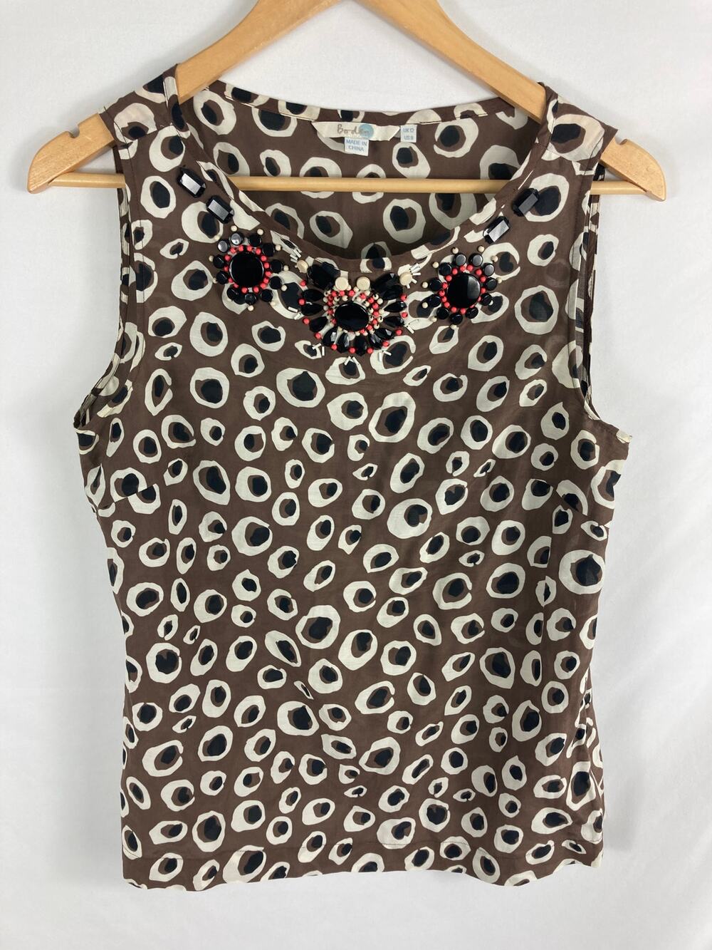 Boden Beaded Neck Brown White Patterned Tank Size 8